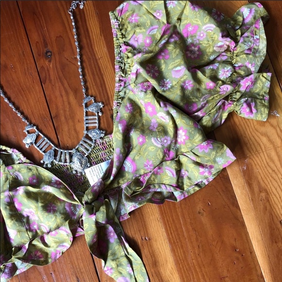 Boho Gypsy Dahlia Smocked Crop Peasant Top Floral gold mustard tie blouse - Picture 5 of 13